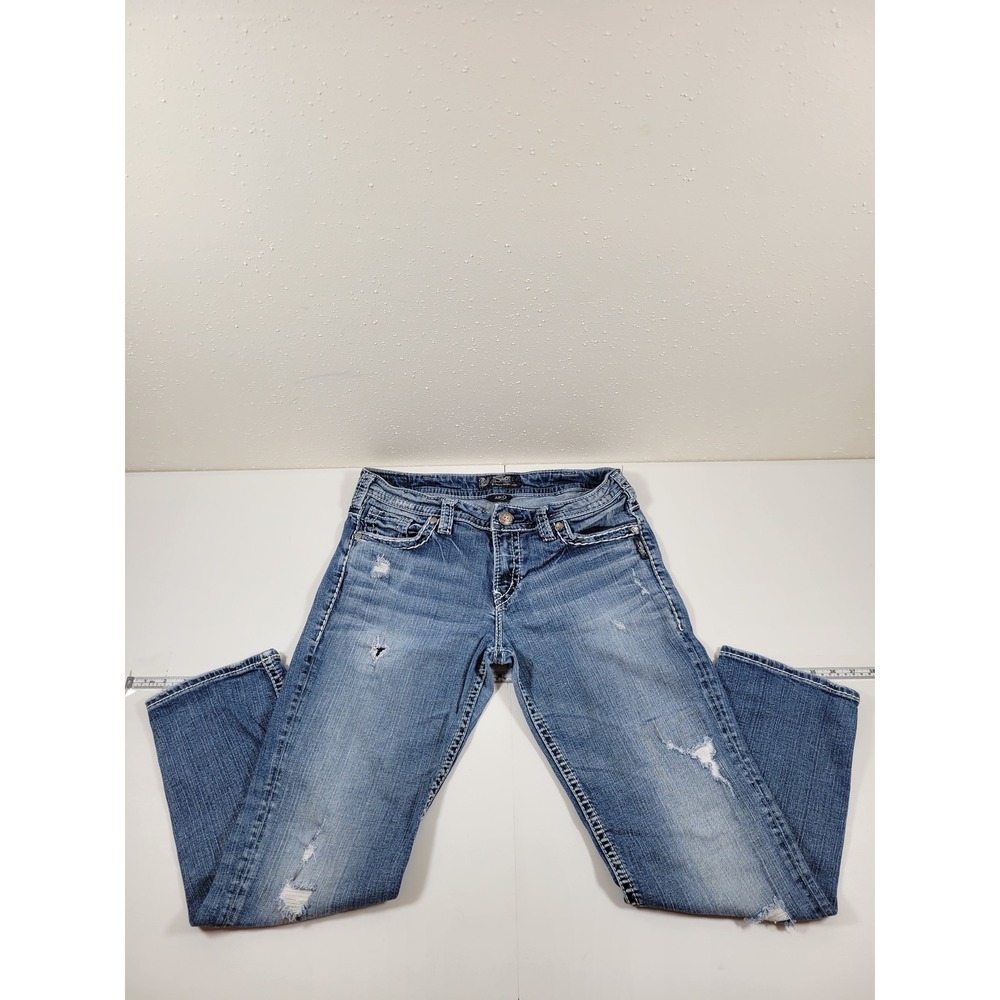 Silver Jeans Co Aiko Mid Straight Women 31 Blue Fair Distressed Denim L25